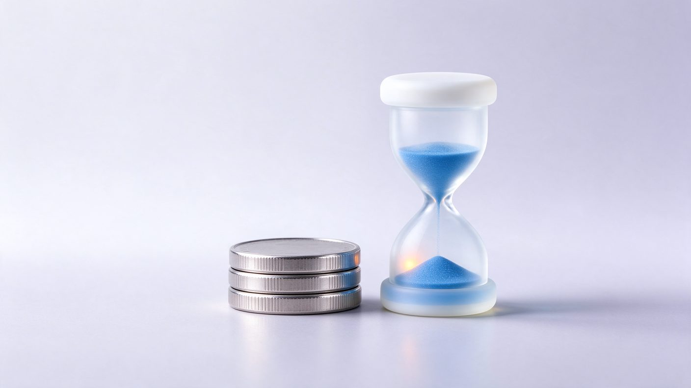 Mynter og et timeglass i frostet glass